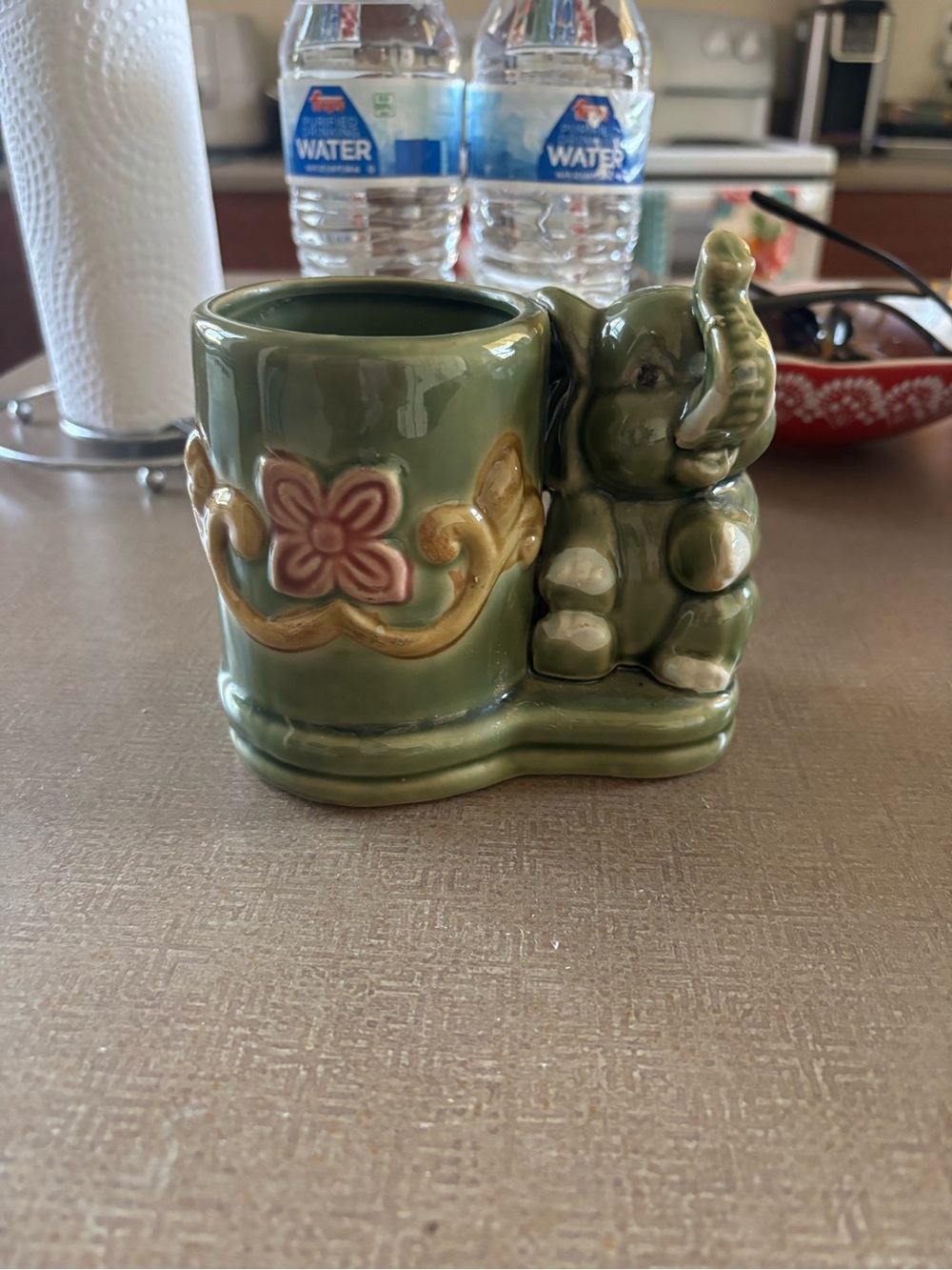 Green Ceramic Elephant Planter with Floral Accent